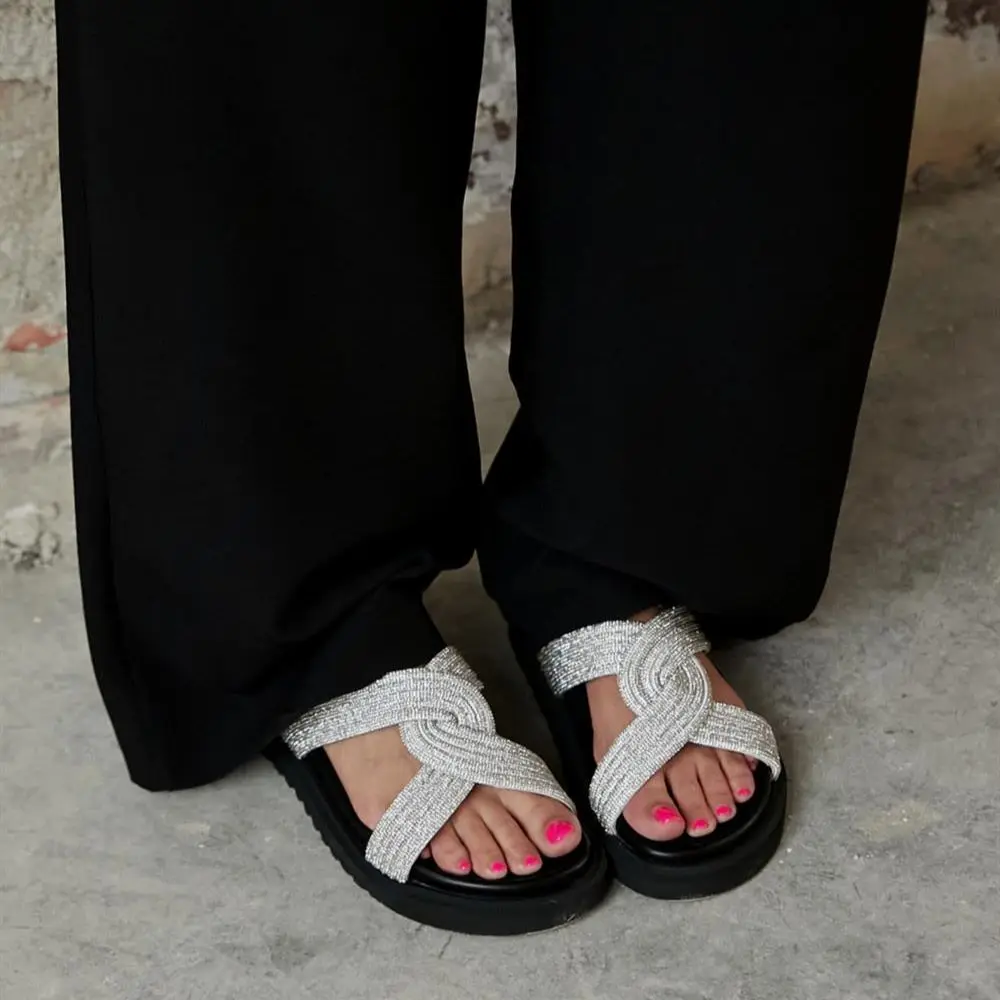 Rilla Interior Quality Artificial Leather Exterior Stony Material Thick Flat Sole Slippers Black Green White Stylish Summer Indo