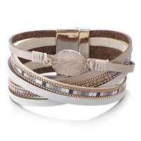 amorcome stone charm leather bracelets for women 2022 fashion crystal ladies boho multilayer wide wrap bracelet female jewelry