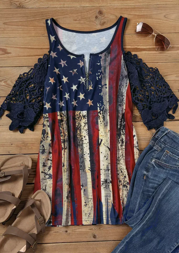 

Women Cold Shoulder Tops Summer Casual V Neck Zipper Cut Out Blouse Lace Short Sleeve American Flag Star Striped Blouses Summer