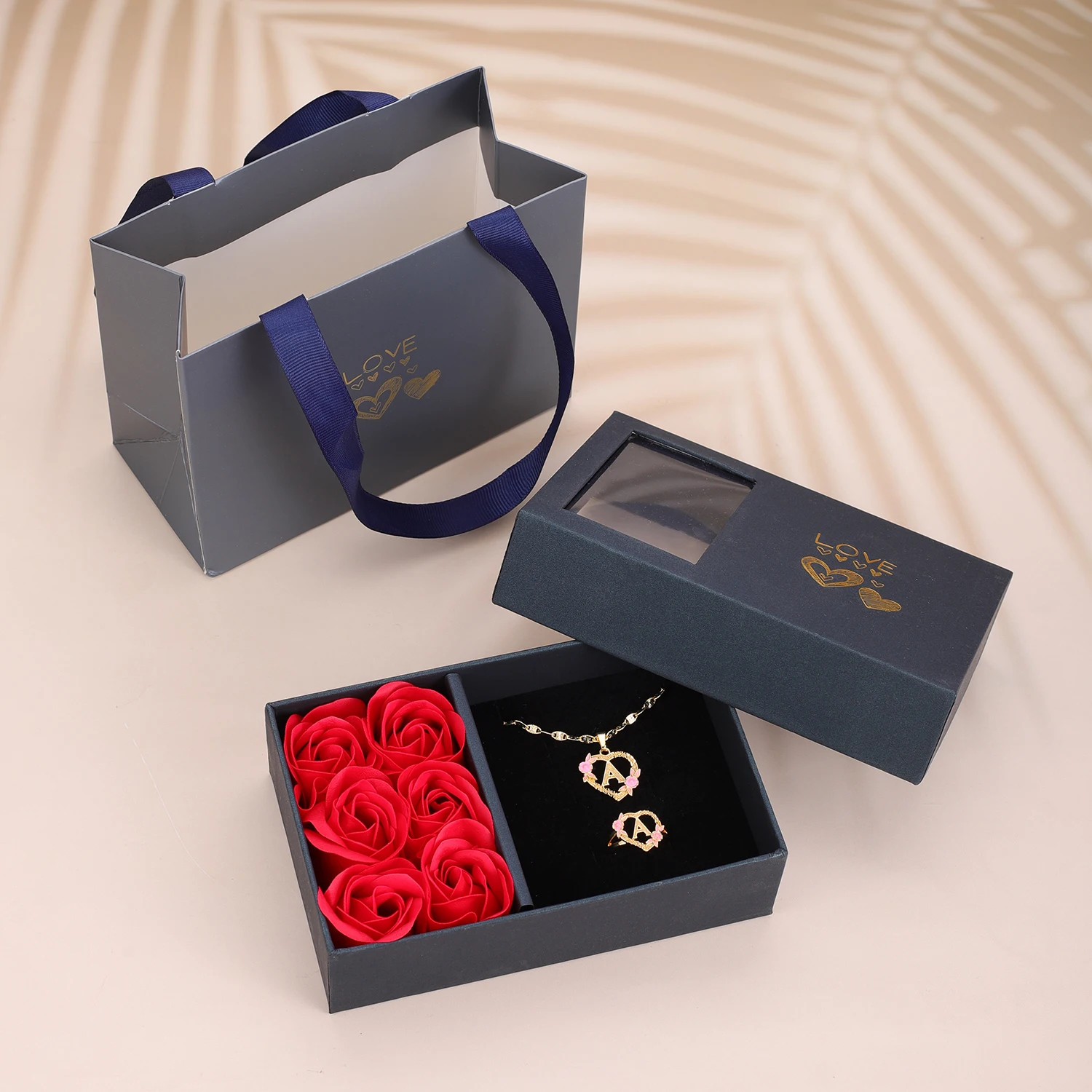 

GOLD PLATED CUSTOMIZED HEART FLOWER INITIAL LETTER PENDANT ROSE GOLD HEART INITIAL LETTER RING Valentine's Day Rose Gift Set