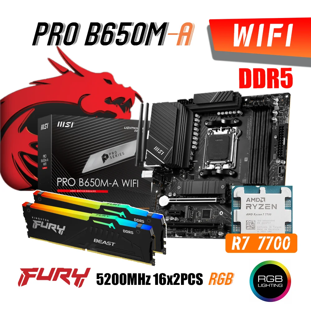 

AM5 MSI PRO B650M-A WIFI DDR5 Motherboard With AMD Ryzen 7 7700 Processor Kit Combo Fury 5200MHz 16G x2 RGB DDR5 Memory NEW