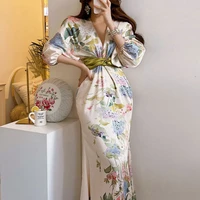 clothland women chic print midi dress v neck high waist three quarter puff sleeve zipper kimono style summer dresses qb231