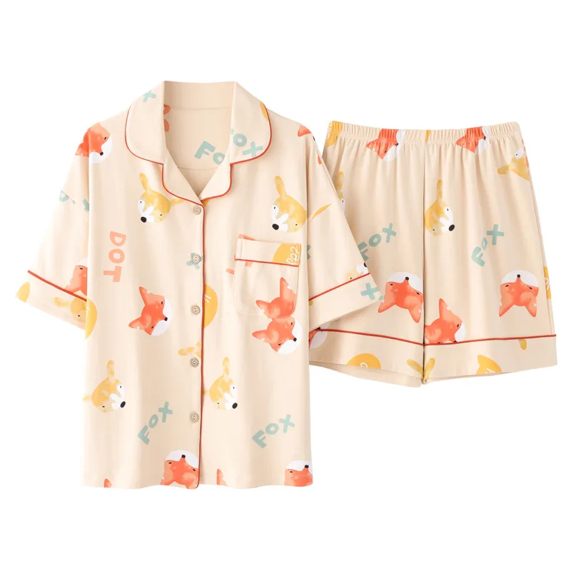 New Sleepwear Cartoon Summer Pajamas Women's Home Wear Lapel V-neck Short-sleeve Shorts Cotton Home Clothing Spring Loungewear