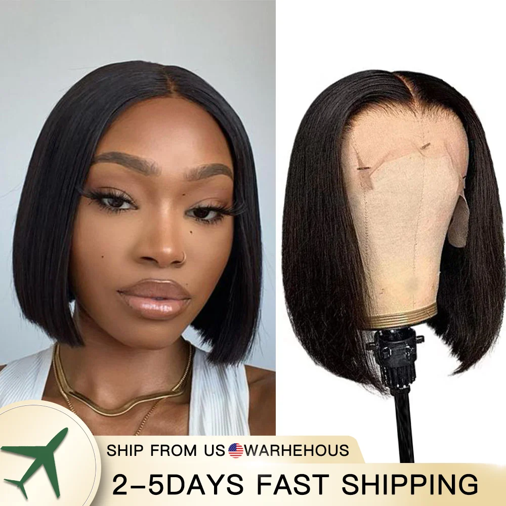 13X4 Short Bob Human Hair Wig Transparent Lace Frontal Wigs With Pre-Plucked 180% Density Straight Brazilian Wig For Black Women