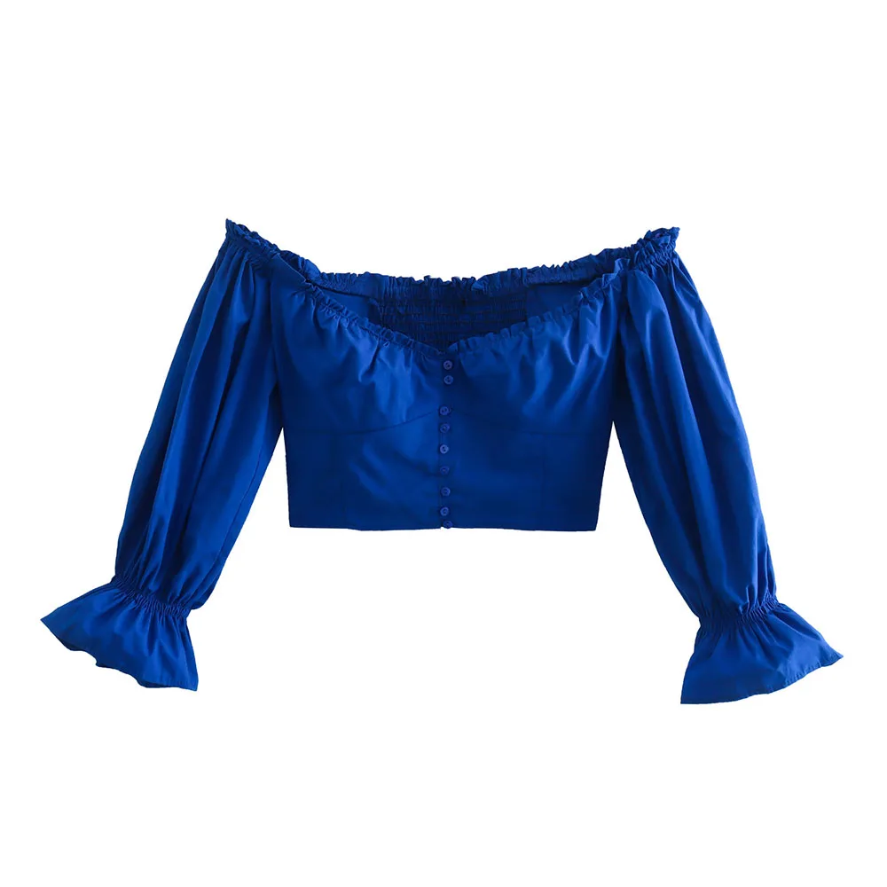 

Zach AiIsa2022 Summer New Women's Fashion Sweet Stretch Cuff Poplin V-Neck Long Sleeve Off Shoulder Slim Short Top