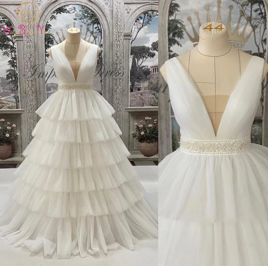 

Ivory Tulle Tiered Wedding Dress 2022 V Neck Sleeveless Beading Belt Waistband Corset Back A Line Bride Gown Women Elegant