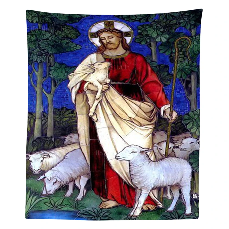 

Christ Portrait Icon Of Jesus The Adoration Of Good Shepherd Stained Glass Religious Polyester Tapestry By Ho Me Lili