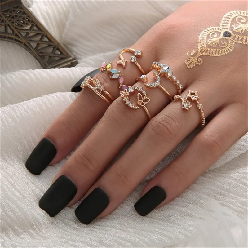 

Bohemian Star Moon Butterfly Ring Set Vintage Gold Color Geometric Finger Rings for Women 2022 Trend Knuckle Jewelry Accessories