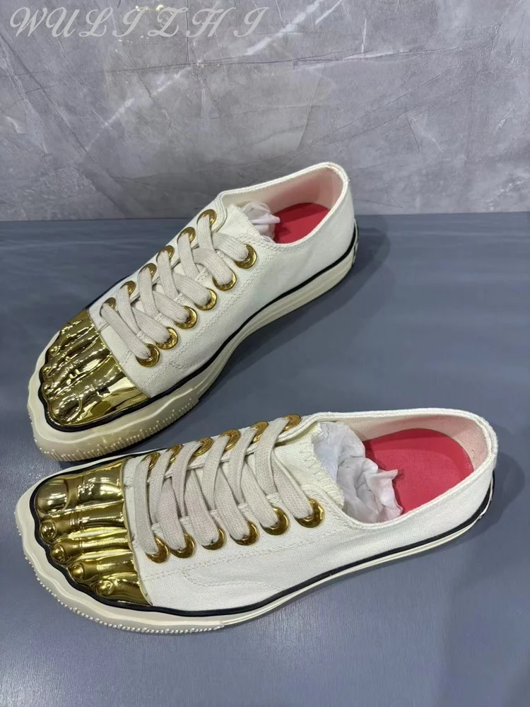 Повседневные холщовые туфли золотистого цвета ярко-белые на плоской подошве