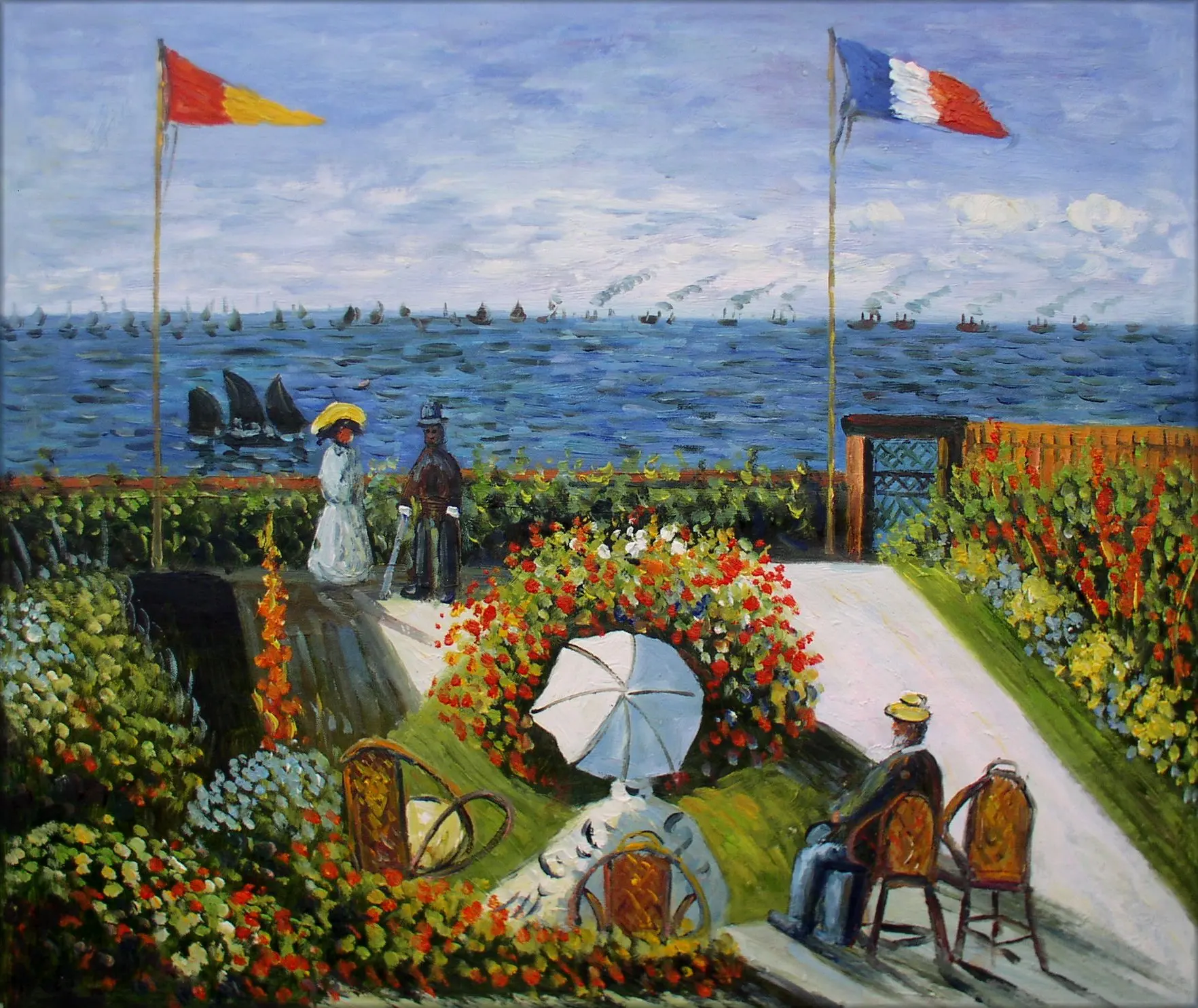 клод моне 1874. моне набережная. клод моне garden at sainte-adresse. картина моне трувиле. клод моне набережная в трувиле.