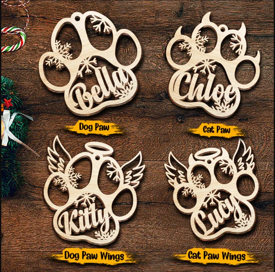 Christmas Personalized Wooden Paw Ornament (Dog, Cat & Angel Wings) - Customized Decoration Gift