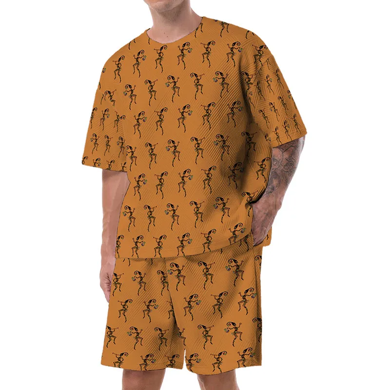 

Streetwear Men's African Fashion Casual 2 piece Suit 3D Vintage Print Tops/Pants New Short Sleeve Men's Shorts Sets