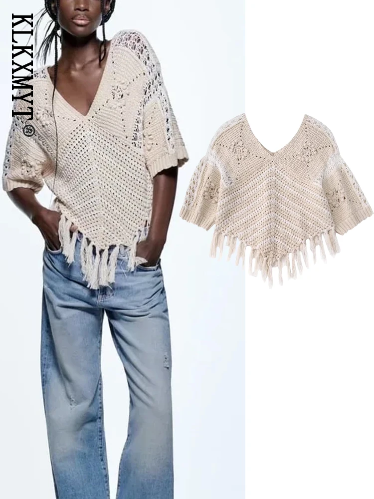 

KLKXMYT TRAF Women Sweater 2022 Fashion Tassel Knit Sweater Vintage V Neck Short Sleeve Female Pullovers Chic Tops