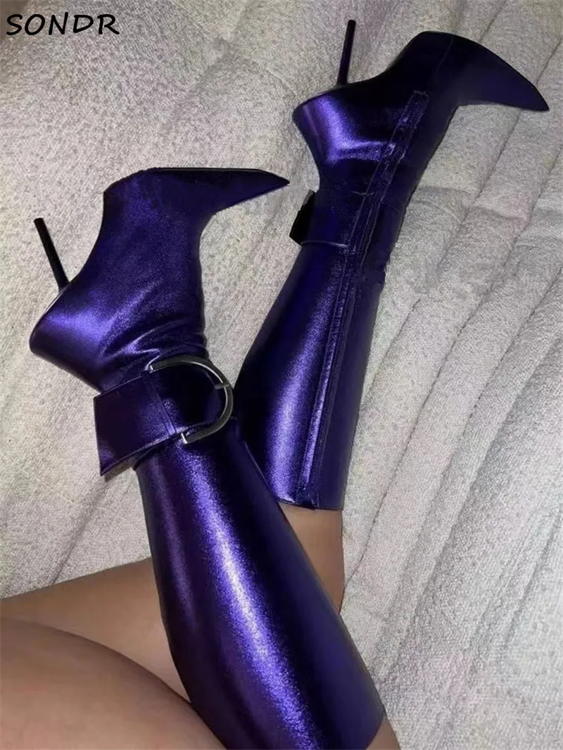 

Fashion Women Big Buckle Strap Knee High Boots Sexy Ladies Pointed Toe Stiletto Thin Heel Boots 2022 Designer Party Womens Shoes