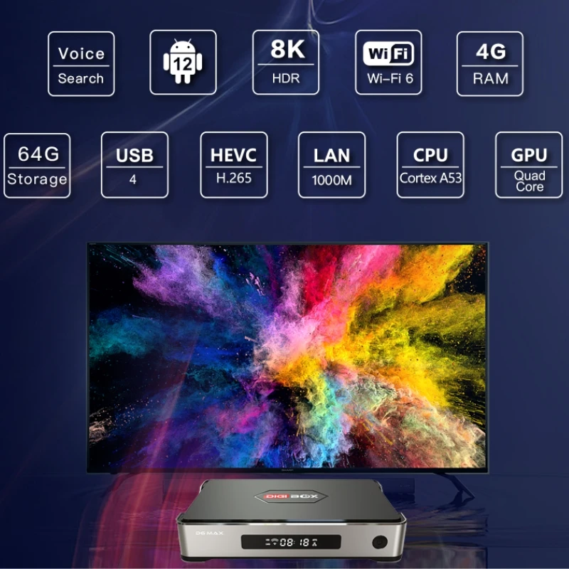 Фото Оригинальная новая ТВ-приставка DIGIBOX D6 MAX Smart Android, медиаплеер Smart Global, поддержка 8K HD | Wi-Fi 6 | 4 ГБ + 64 ГБ | Голосовой пульт дистанционного управления №4