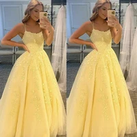 elegant prom dresses 2022 spaghetti straps long party wear dress yellow sleeveless a line lace up formal evening gowns plus size