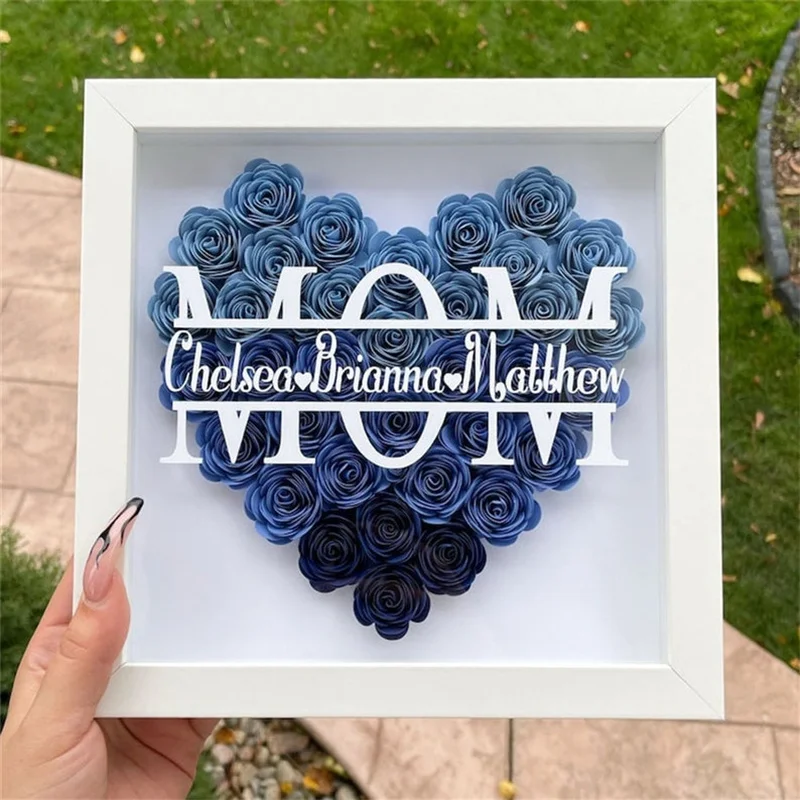 Custom Heart Shadowbox Frame Gift, Mother's Day Gift, Flower Shadow Box With Kids Name For Mother's Day