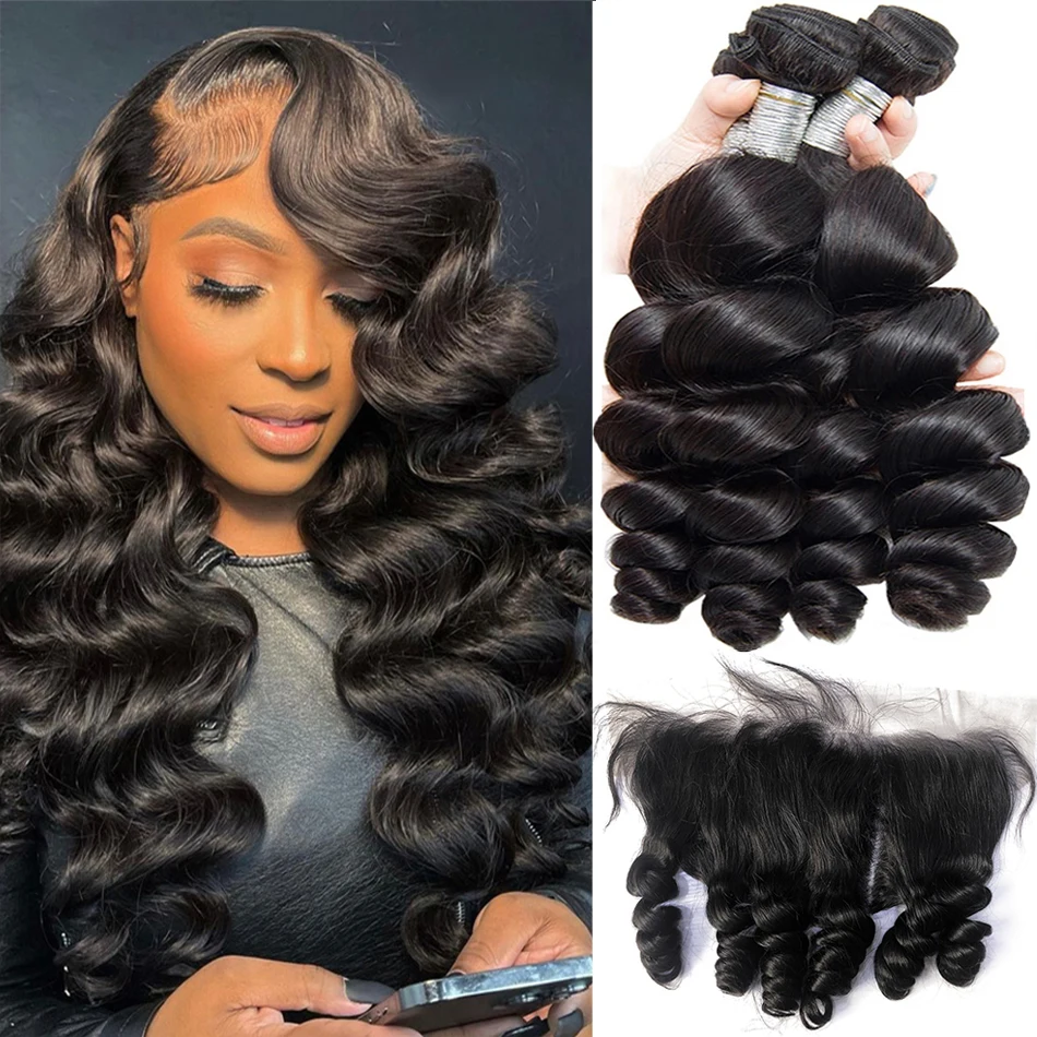 12A Loose Wave Bundles With Frontal Peruvian Hair Bundles With Closure Loose Deep Wave Remy 100% Human Hair Bundles With Frontal