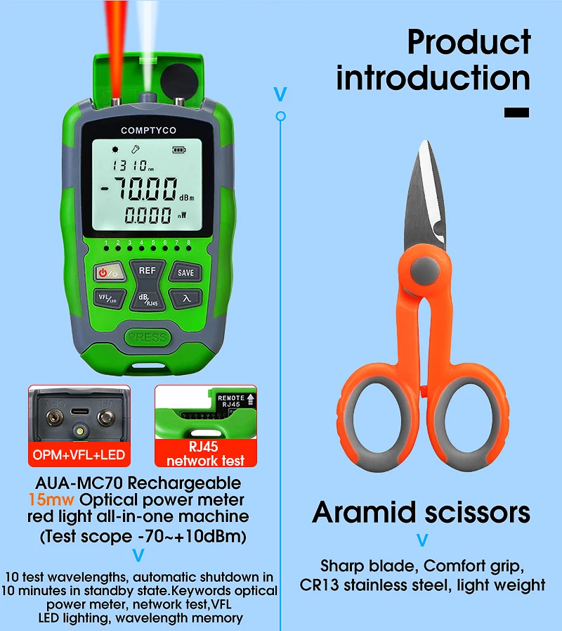 FTTH Fiber Optic Tool Kit Fiber Cleaver -70~+10dBm AUA-MC70 4 in 1 Mini Optical Power Meter with 15mw Visual Fault Locator