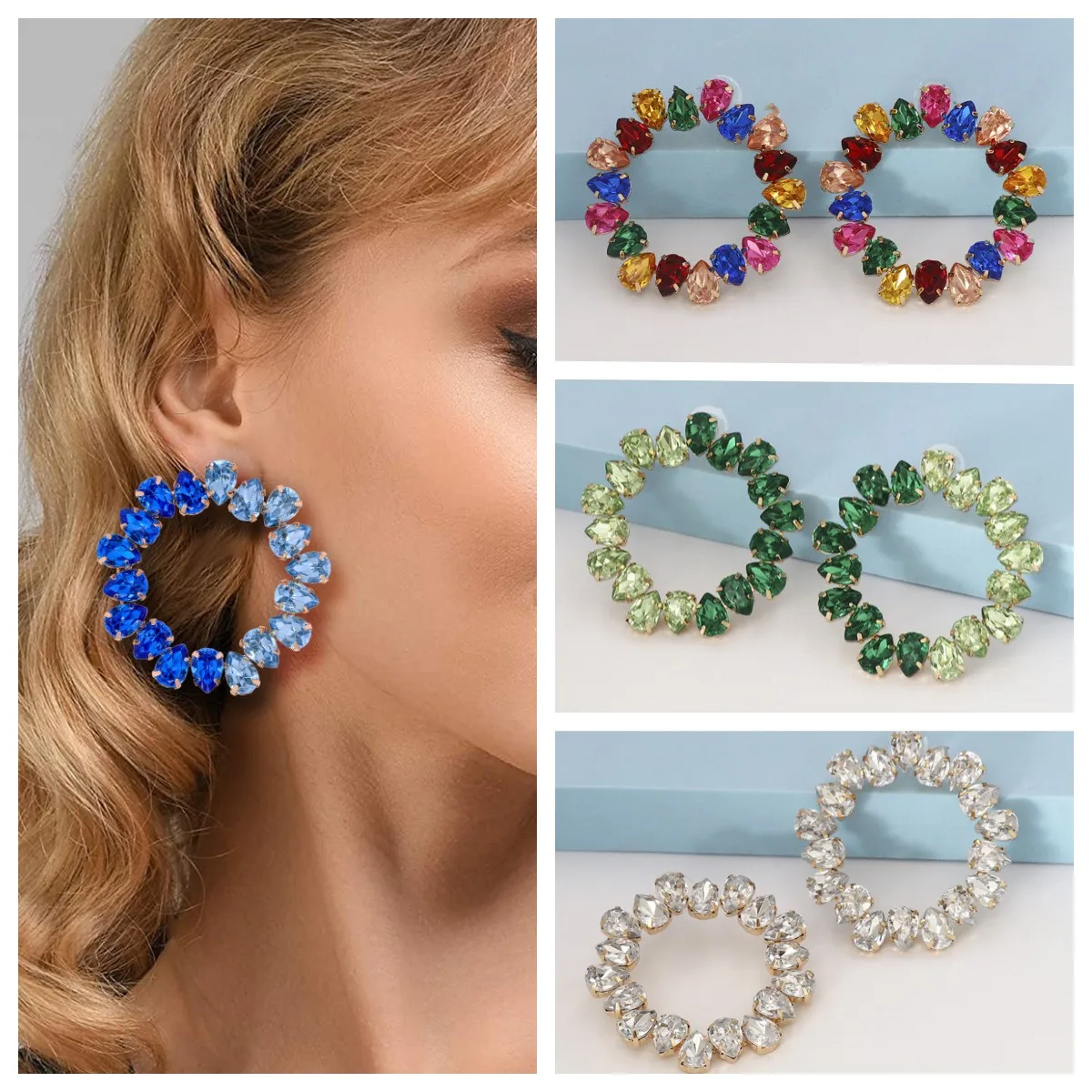 

2023 Gold Plated Jewelry Rainbow Colorful Blue Green Round Circle Eternity Crystal Rhinestone Hoop Earrings for Women Girls