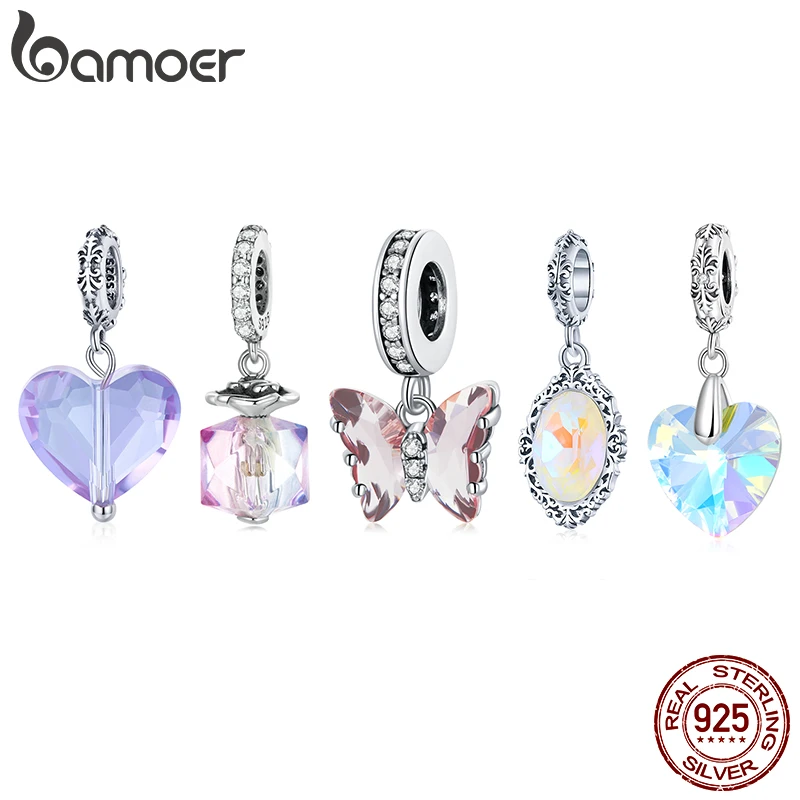 bamoer Silver Simple Purple Heart Charm Crystal Fairy Tale Love 925 Sterling Silver Charm Pendant for Bracelet Jewelry SCC1816
