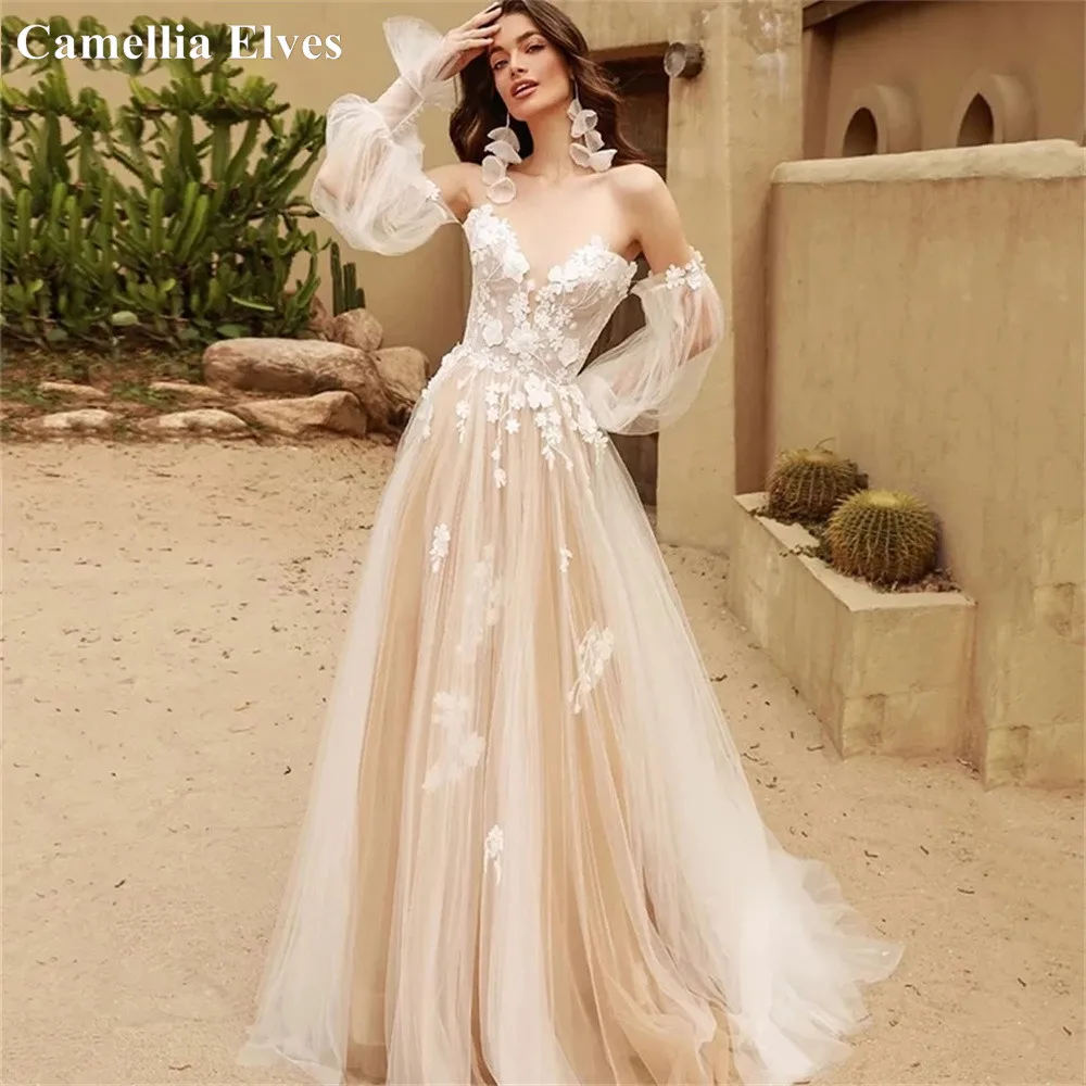 

Elegant Sweetheart Puffy Sleeves Wedding Dresses For Women Bride Gown Lace Appliques Bridal Dress Sweep Train Robe De Mariee