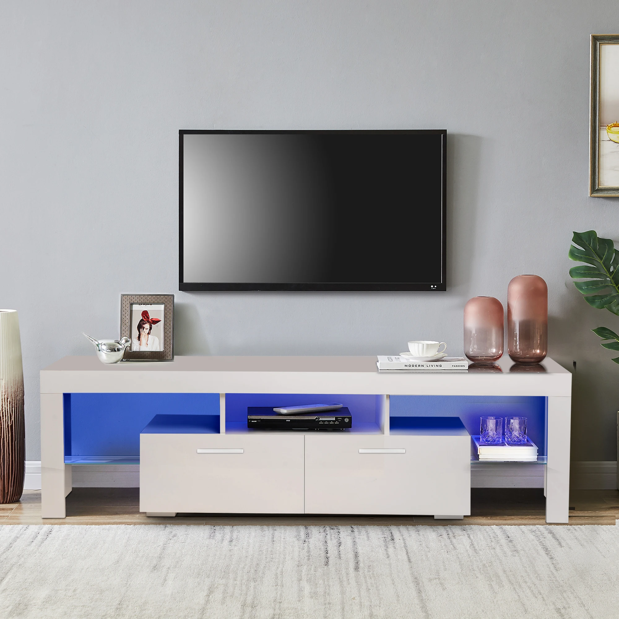 

63" High Gloss UV Led Lights TV Stand TV Cabinet TV Bench White/Black Color[US-Stock]