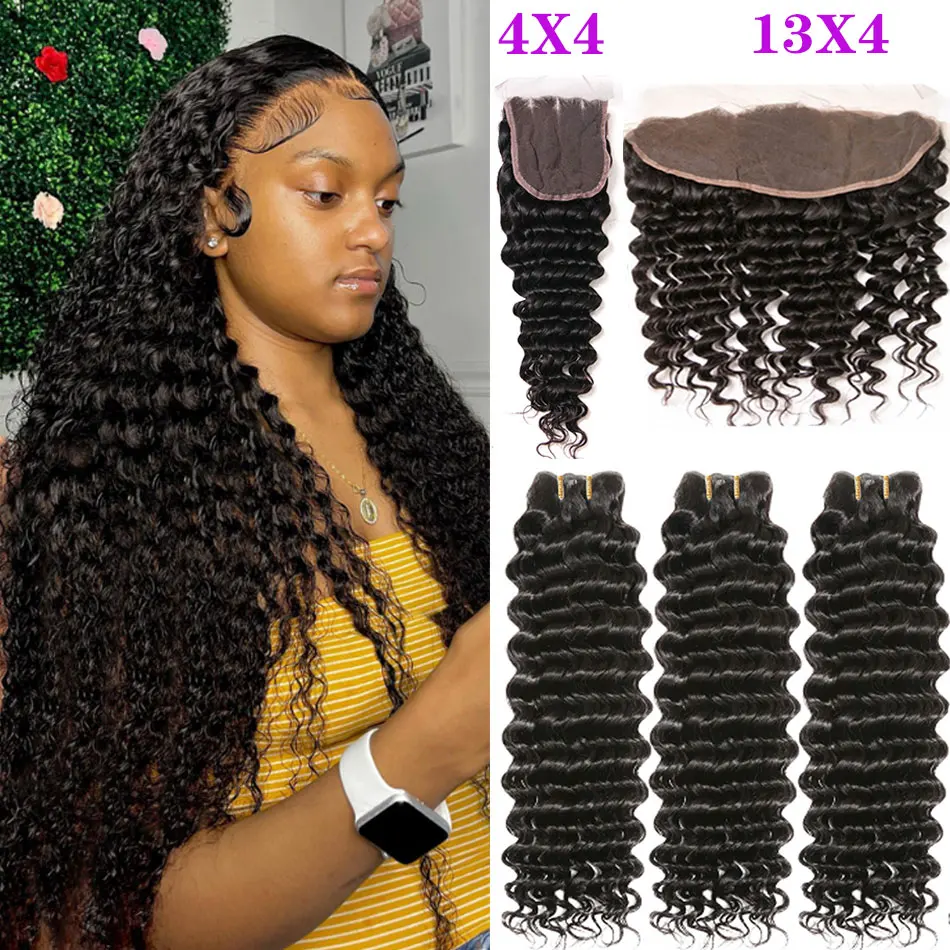 12A Deep Wave Hair Bundles With Frontal wet And Wavy Human Hair Bundles With Closure Indian Cheap Hair Bundles Add Ear to Ear