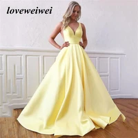 a line elegant evening dresses satin sleeveless prom gown ruffles v neck prom dresses yellow party dresses vestidos de fiesta