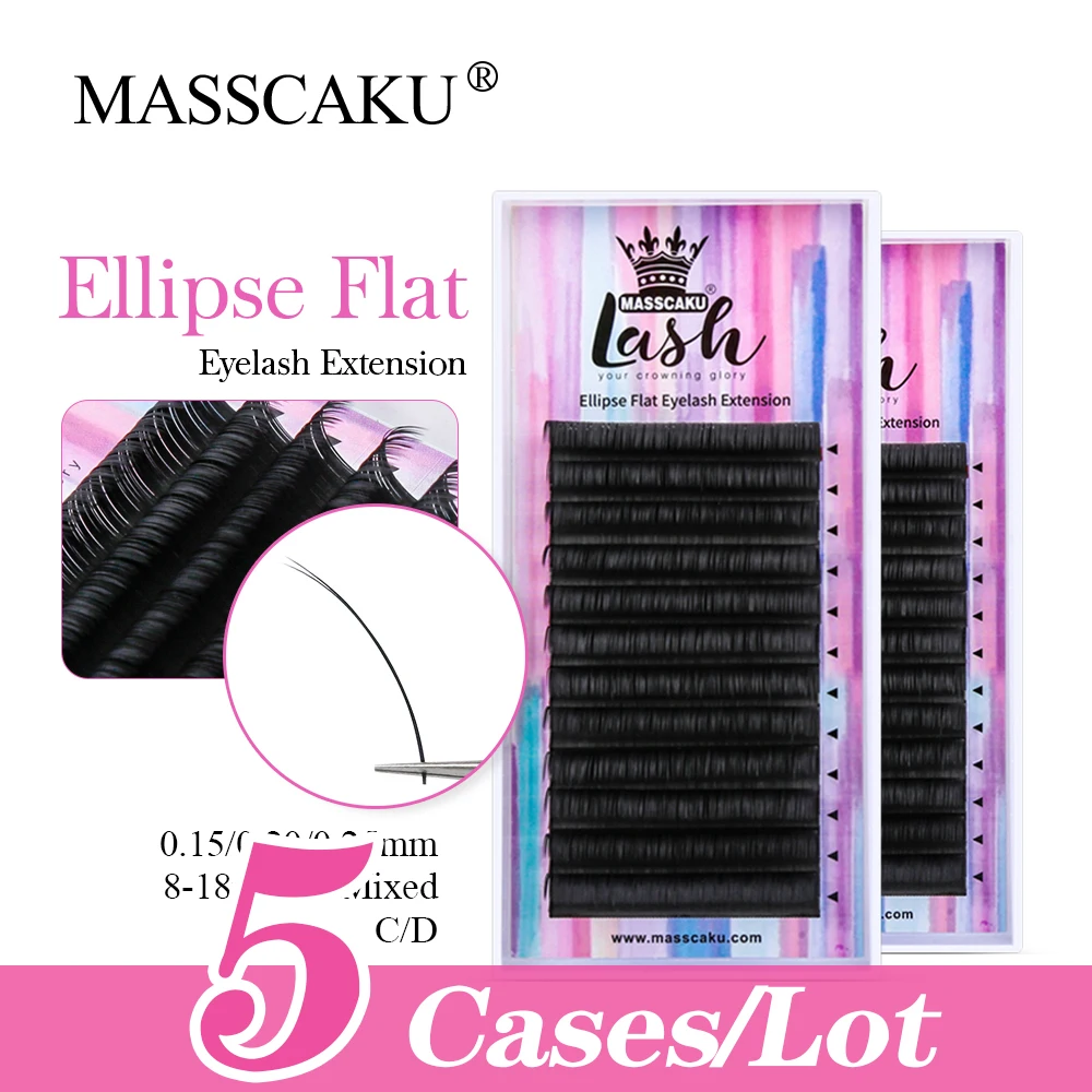 5Case/lot MASSCAKU 8-15mm Ellipse Flat Eyelash Extensions Split Tips Shaped Individual Natural Soft Lashes For Professionals