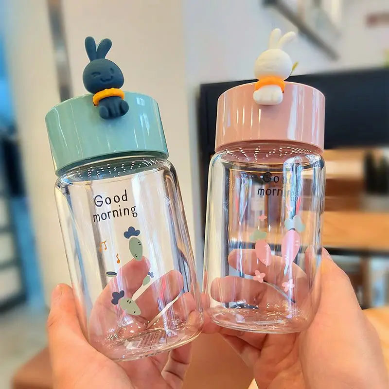 

340Ml Girl Cute Water Bottle Kawaii Mini Cartoon Rabbit Glass Bottle High Temperature Milk Drinking Cup Water Bottle for Kids