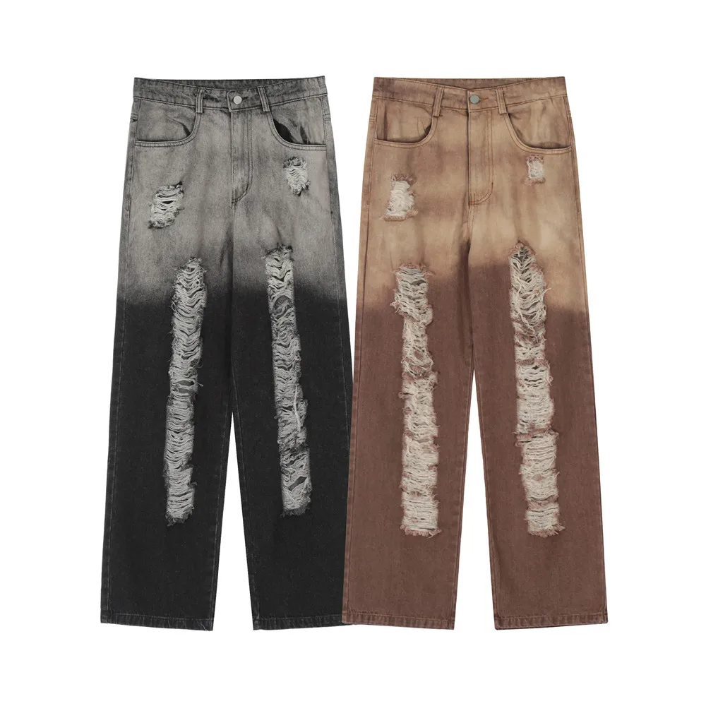Gradient Tie-dye Straight Jeans Pants With Hole Ripped Aesthetic Denim Trousers For Men Women Loose Casual Washed Streetwear