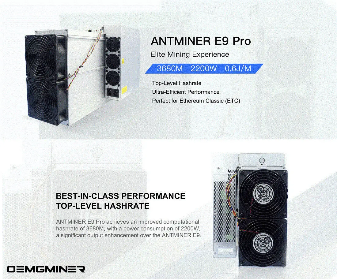 

Купите 2 и получите 1 бесплатно Bitmain Antminer E9 Pro 3680Mh/s 2200 Вт и т. д. Asic Miner 0.6J/M Bulid-in PSU