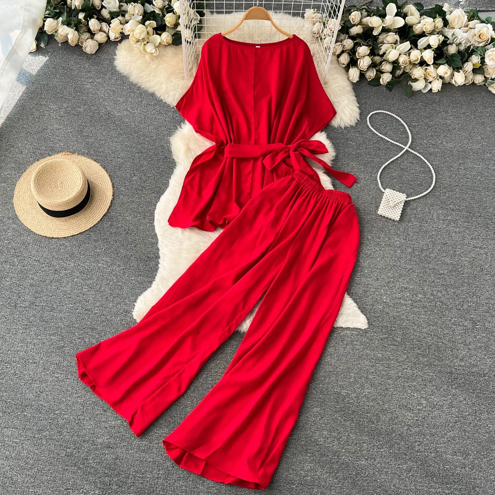 

Clothland Women Elegant Blouse Pants Suit Bow Tie Sashes Loose Short Sleeve Shirt Wide Leg Trousers Chic Two Piece Set TZ667