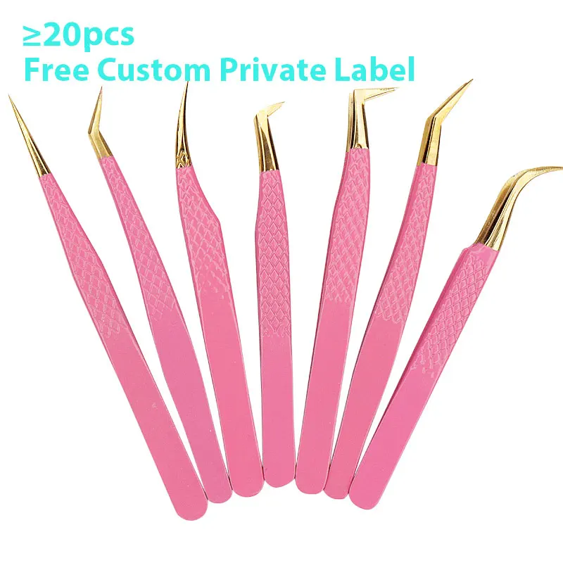 

Custom Private Label Eyelash Tweezers Extension Pink Stainless Steel Superhard With Fiber Tips High Precision Anti-Static