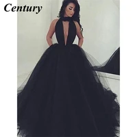 century v neck prom gown court train black prom dresses with beading tulle a line elegant long evening dress robe soiree