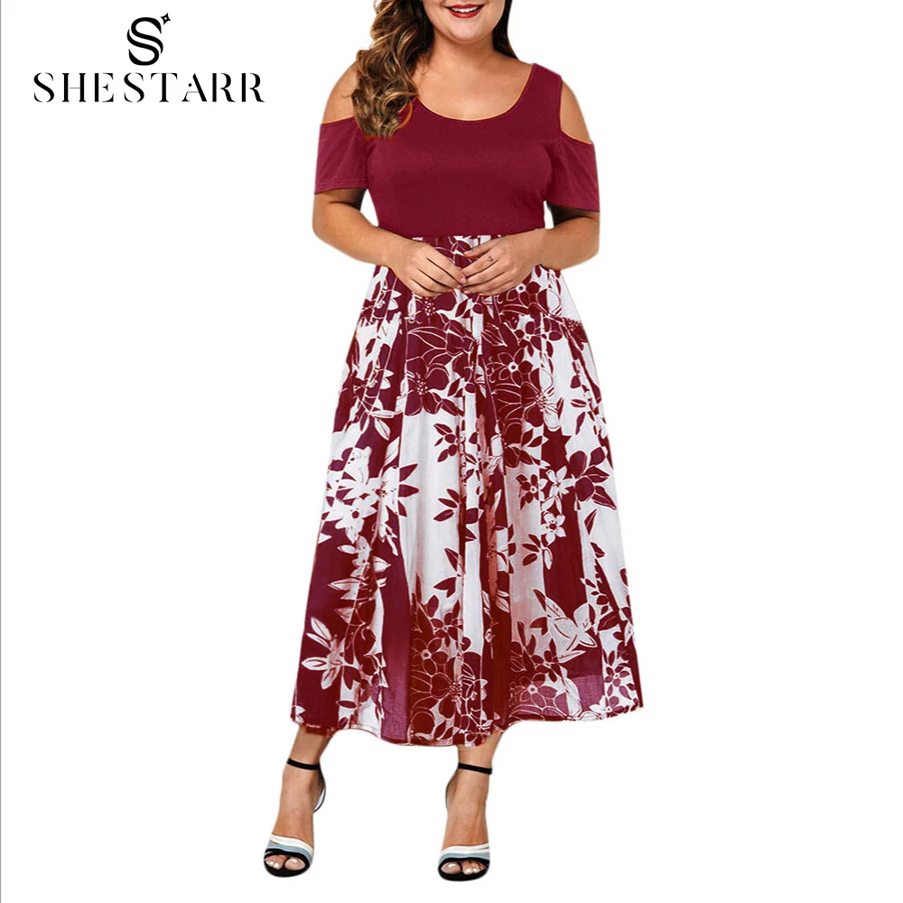 

SHESTARR Feminine Dress Fashion Print Crew Neck Off-Shoulder Short Midi Slim Summer Casual A-Line Swing Plus Size Women's Dress