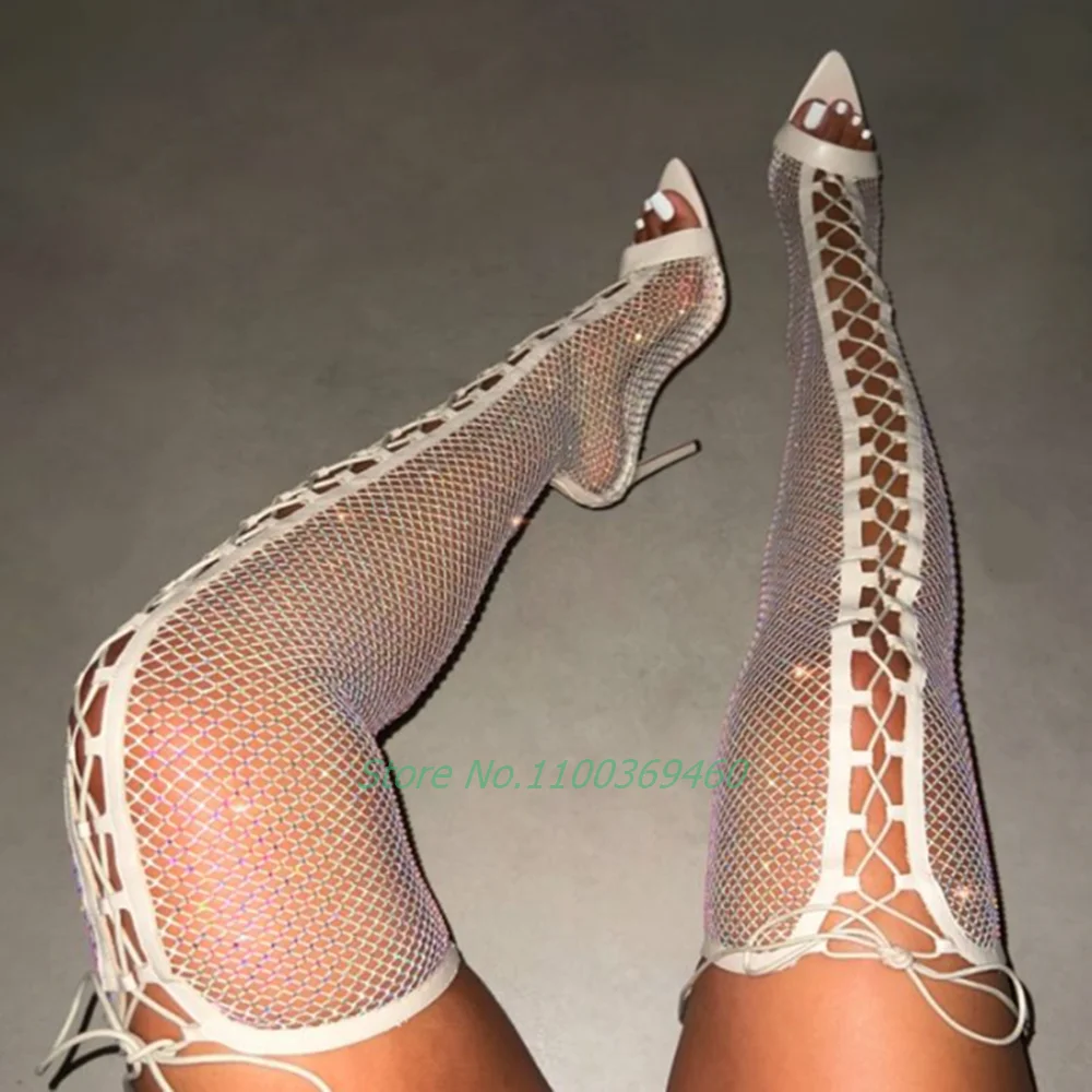 Diamante Mesh Lace Up Sandals Boots Crystal Bling Cross Strap Pointed Toe Thigh High Heels Sexy Hollow Solid Women Shoes 2022