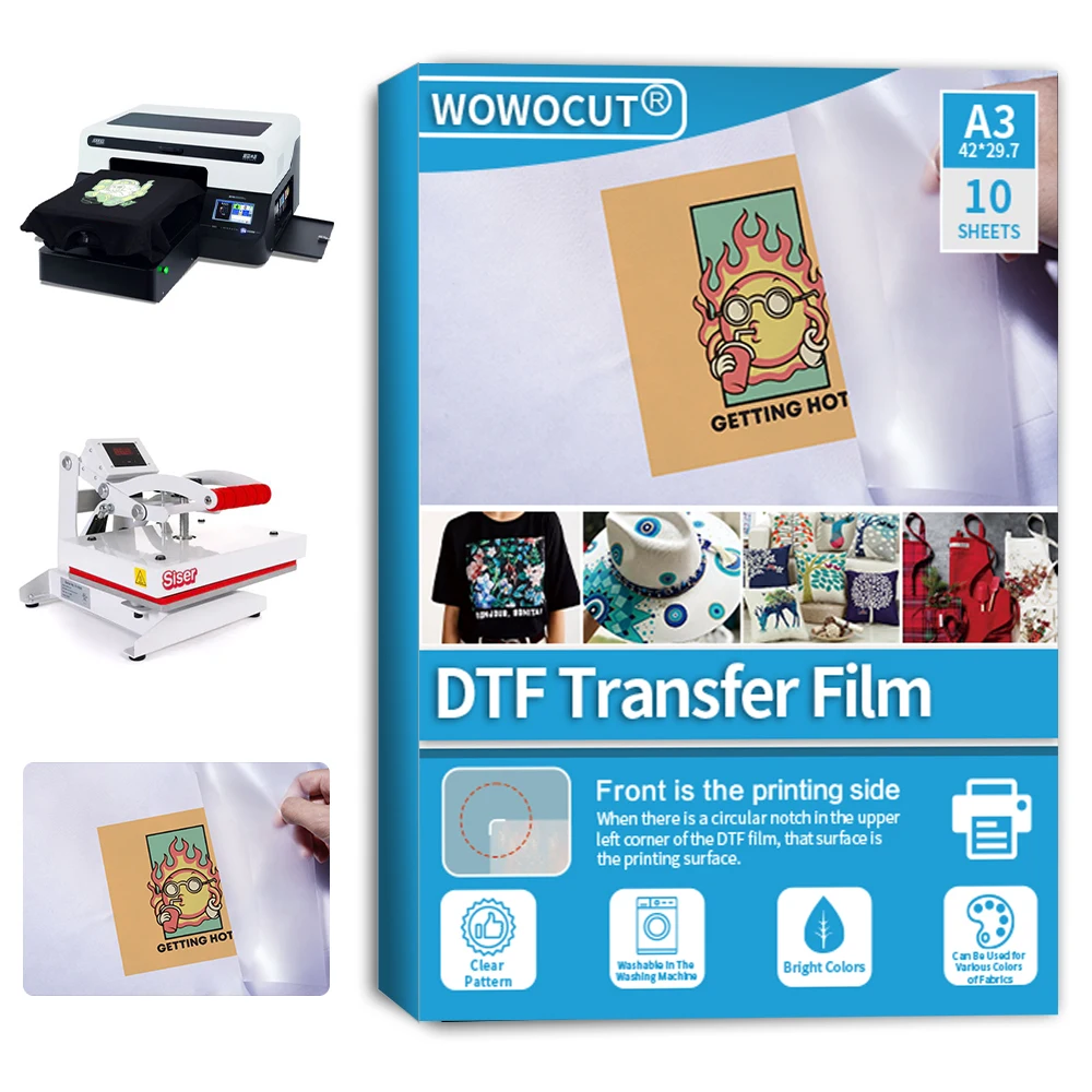 WOWOCUT 10 PCS DTF Transfer Film Paper Heat Transfer Paper A3 Double-Sided Glossy Pretreat DTF Film for DTF Epson Inkjet Print
