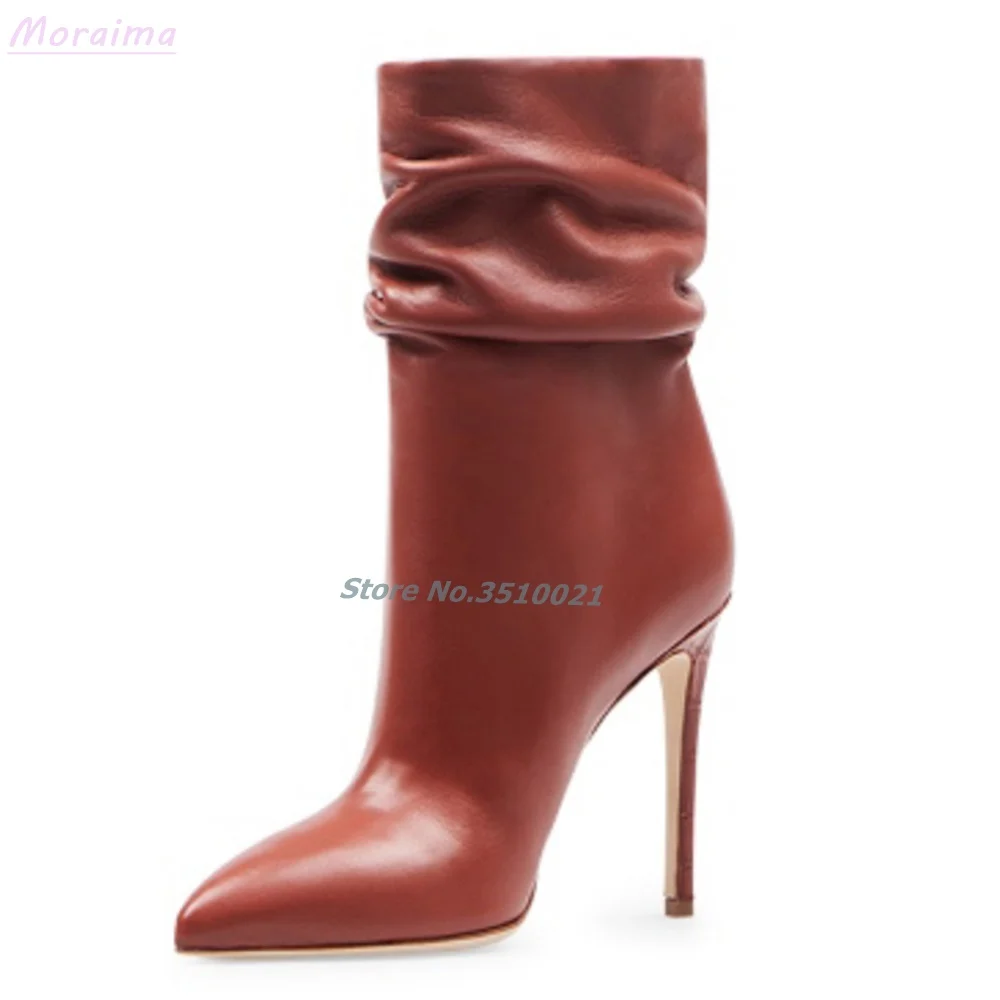 Pleated Pointed Toe Ankle Boots Patent Leather Stiletto High Heel Slip On Sexy Runway New Dress Women Shoes Winter Solid Color