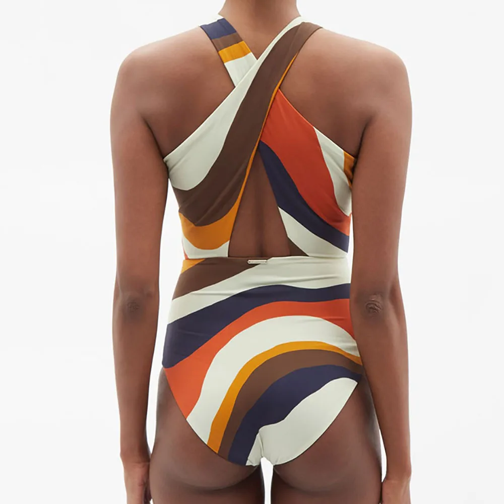 Fashion Colorblock Striped Print One Piece Swimsuit Set Cross Halter Bikini Slim Fit Sexy High Waist Beach Dress Elegant 2022