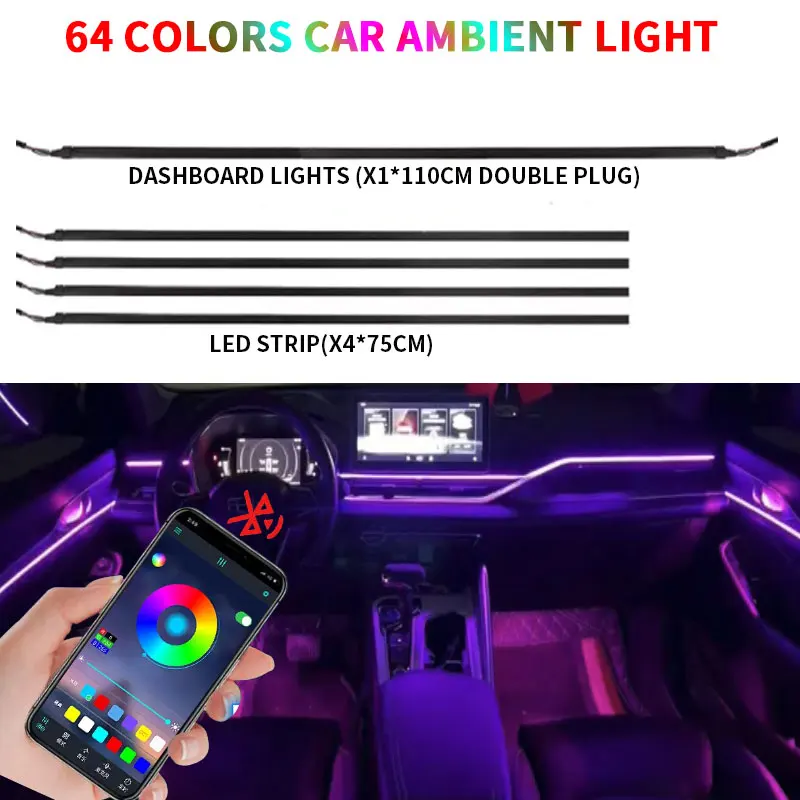 

RGB 64 цвета интерьера автомобиля, декоративная атмосфера, интерьерная проекция, 2023 мобильное приложение, пульт дистанционного управления, универсальная двойная зона