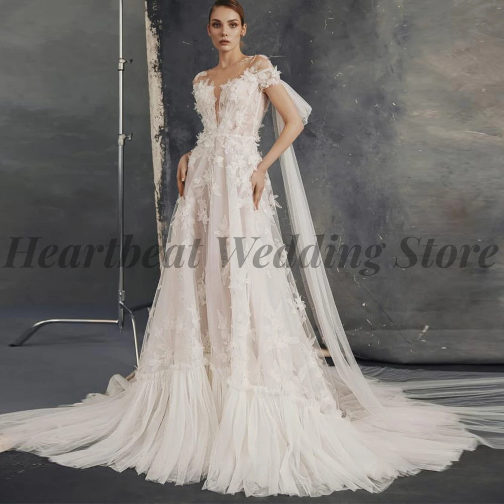 

Jewel Romantic Wedding Dress 2023 for Women A-Line with Applique Sequins Beads Short Sleeve Button Back Court Train Bridal Gowns