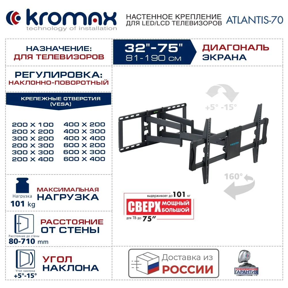Кронштейн для телевизоров LED/LCD настенный наклонно-поворотный диагональю экрана (дюймы) 32