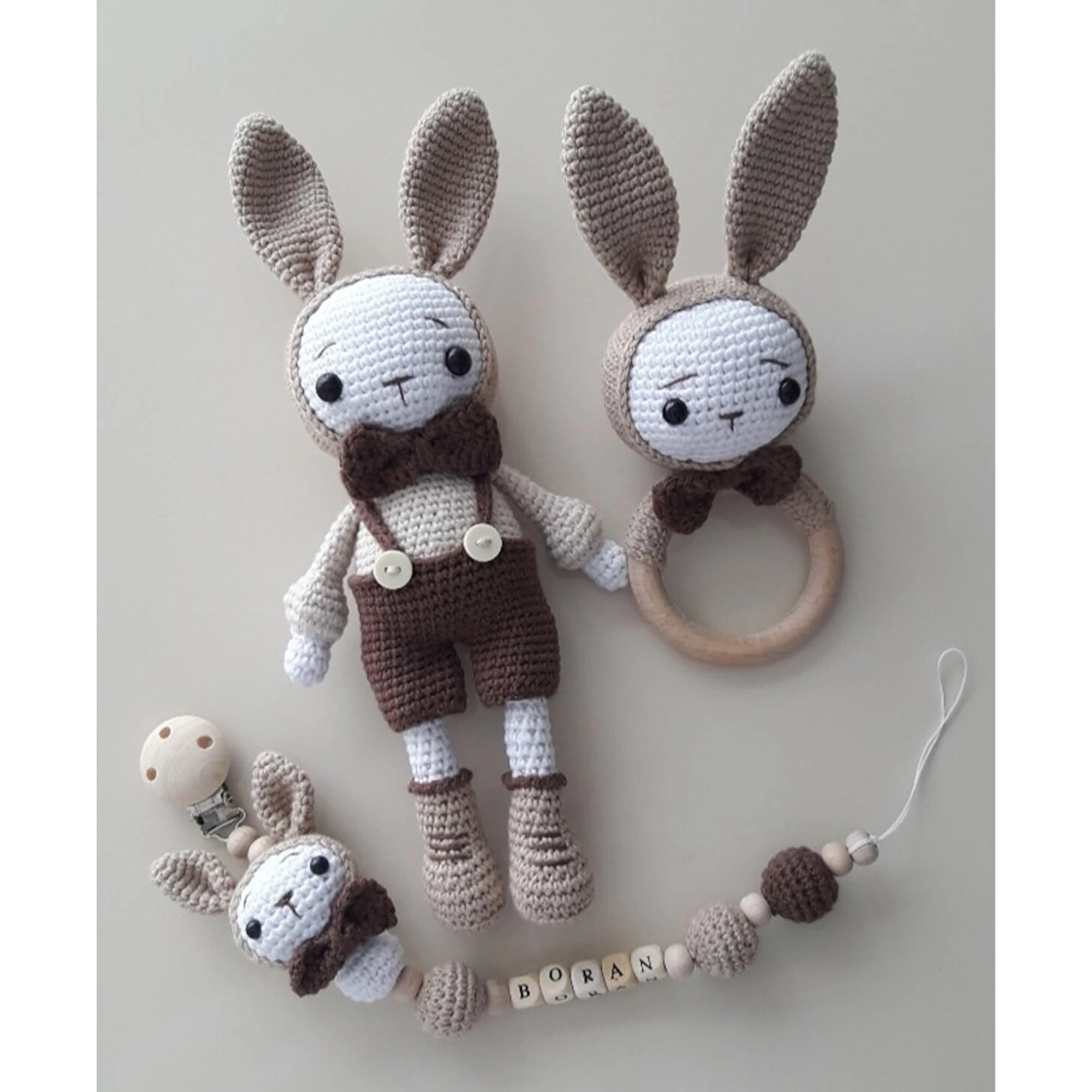 

Amigurumi Handmade Organic Baby Doll Rabbit in Overalls Newborn Sleeping Set Companion Rattle and Pacifier Chain