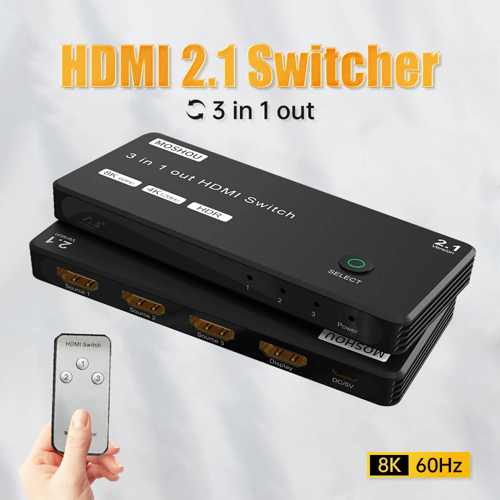 

MOSHOU HDMI 2.1 Splitter 8K@60Hz 4K@120Hz HDMI Switcher 3 in 1 out Selector Adapter for PS4 PS5