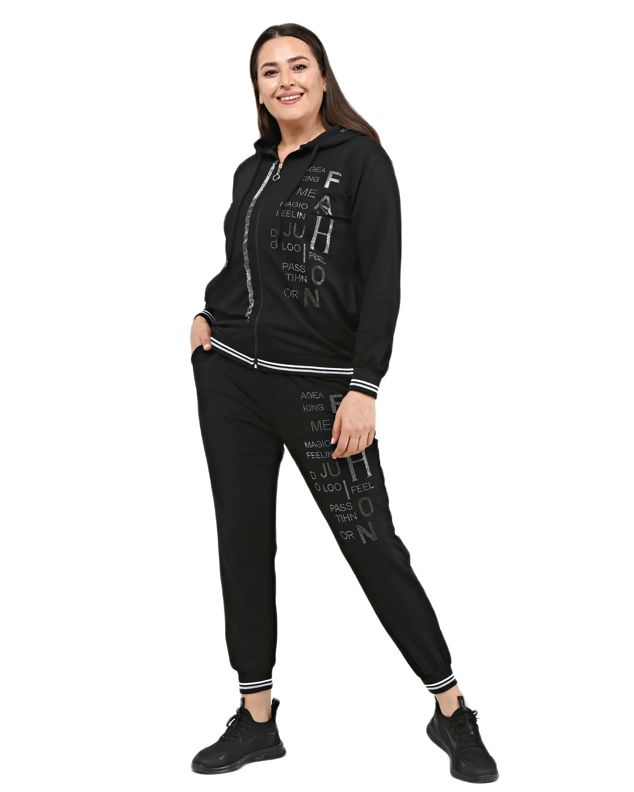 Women’s Plus Size Black Sweatsuit Set 2 Piece Lettering Stone Print Tracksuit, Designed and Made in Turkey, New Arrival