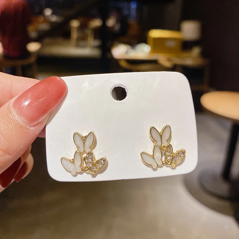 

New Korean Elegant Cute Butterfly Stud Earrings For Women Oil Painted Shiny Rhinestone Lovely Earring Girls Party Sweet Jewelry