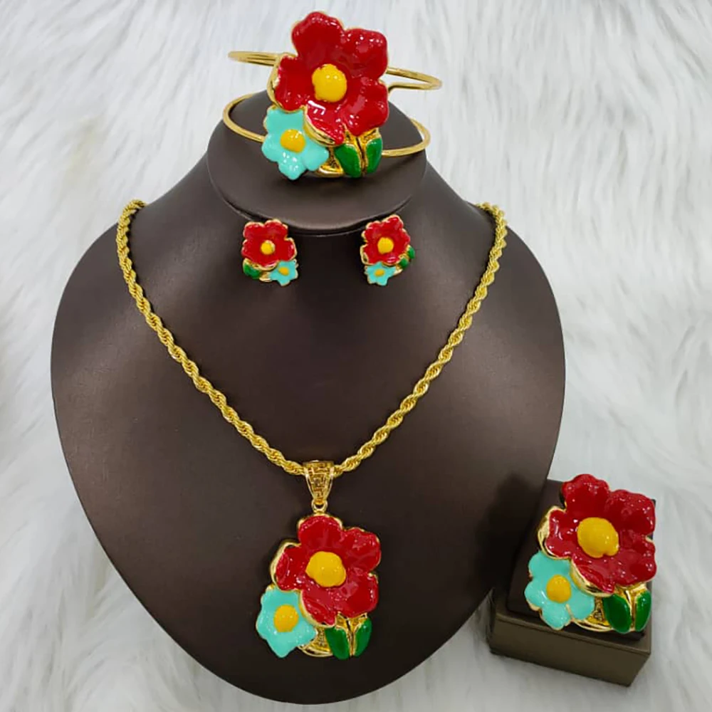 

Dubai Colored Flower Design Jewelry Set for Women Bohemia Design Pendant Necklace and Earrings with Bracelet Ring Set for Ladies