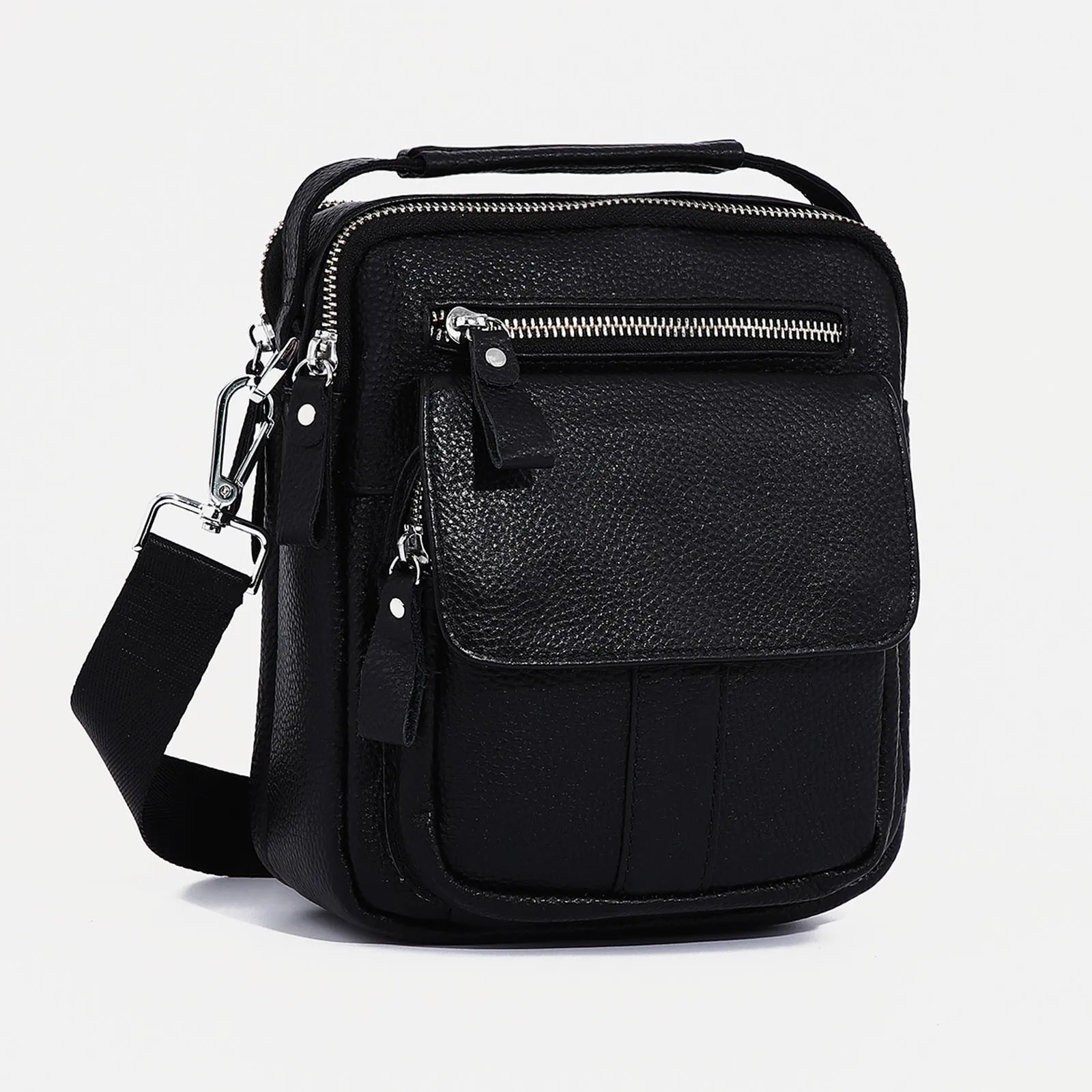 Сумка мужская на молнии 3 наружных кармана длинный ремень цвет чёрный